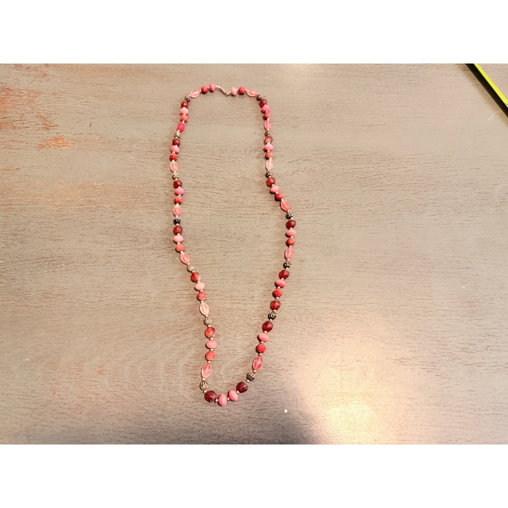 Vintage Pink Red Beaded Strand Necklace Carved Floral Boho Long Statement 34 In